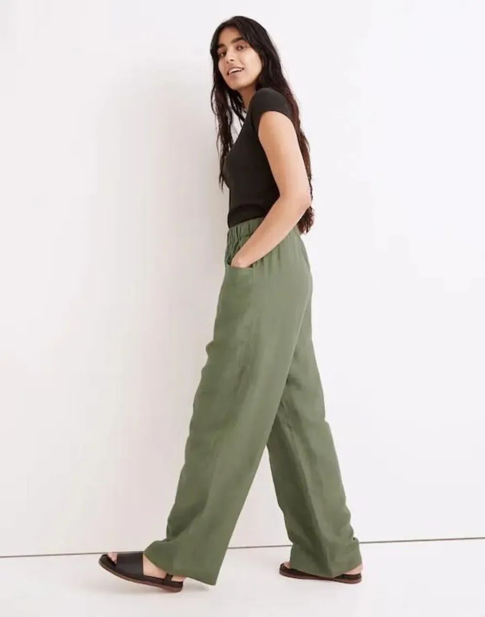 Madewell Linen Blend Pull On Wide Leg Pants Olive Green Womens Size S Small